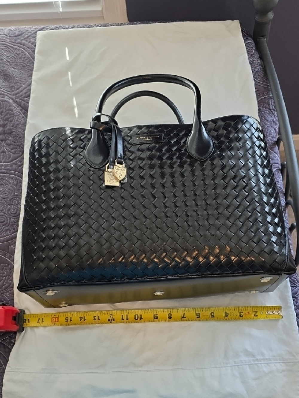 Aspinal Of London Black Patent Woven Leather London Tote Bag - Picture 6 of 10